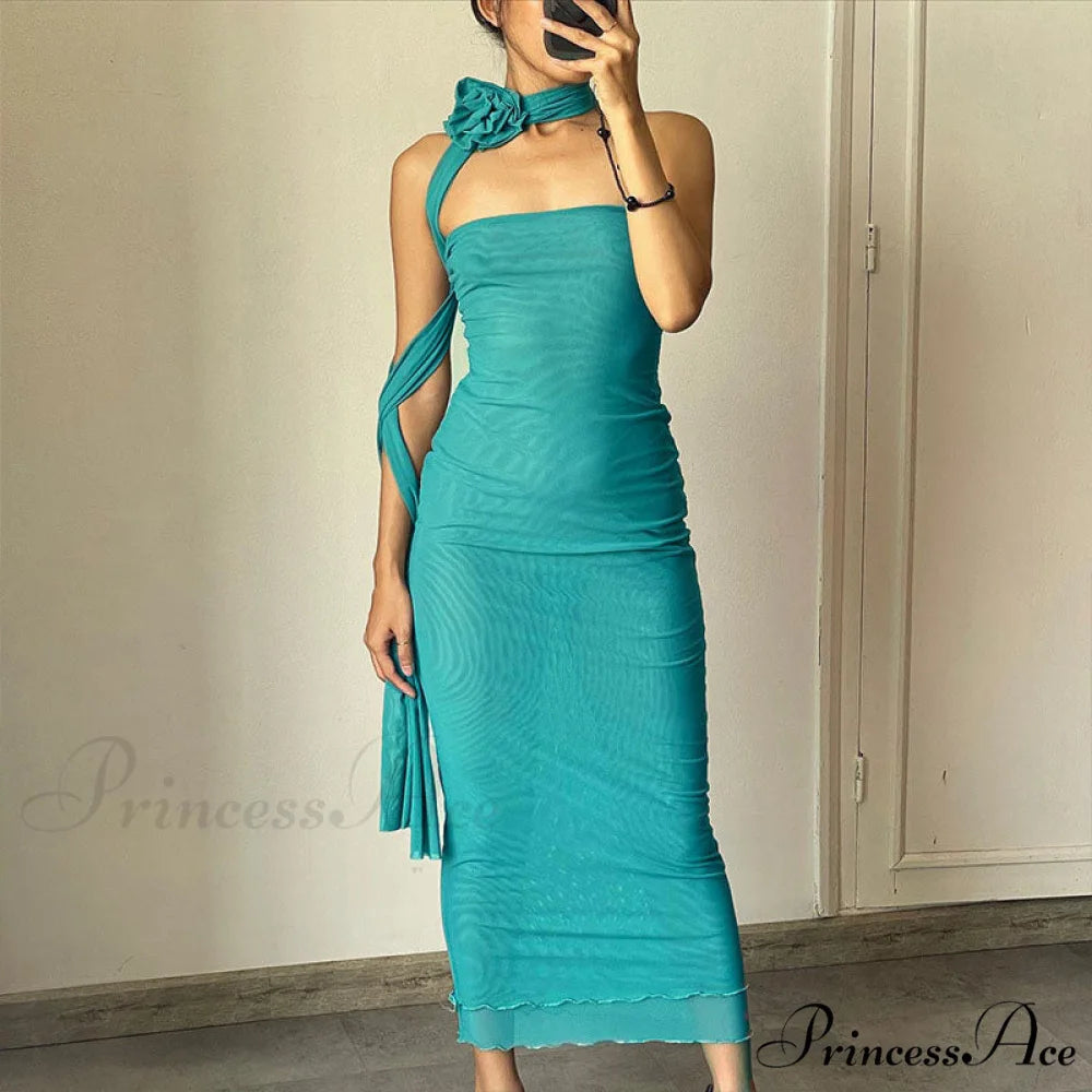 3D Floral Choker Detail Strapless Classic Bodycon Party Midi Dress - Black M / Turquoise