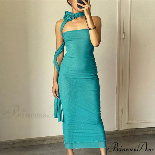 3D Floral Choker Detail Strapless Classic Bodycon Party Midi Dress - Black M / Turquoise