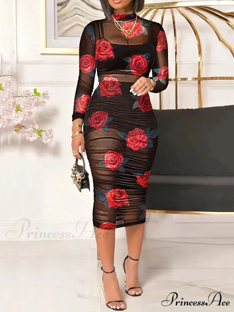 3D Floral Choker Detail Strapless Classic Bodycon Party Midi Dress - Turquoise Red / S