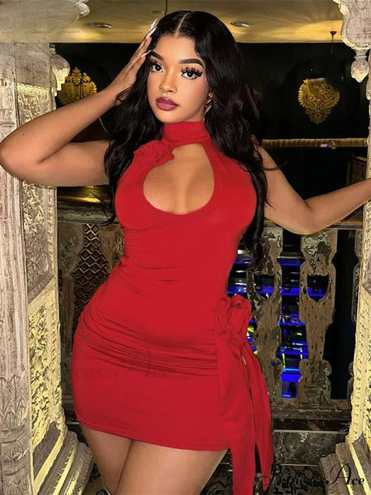 3D Flower Decoration Red Vacation Dresses Sexy Hollow Backless Bodycon Christmas Party Dress Red / S