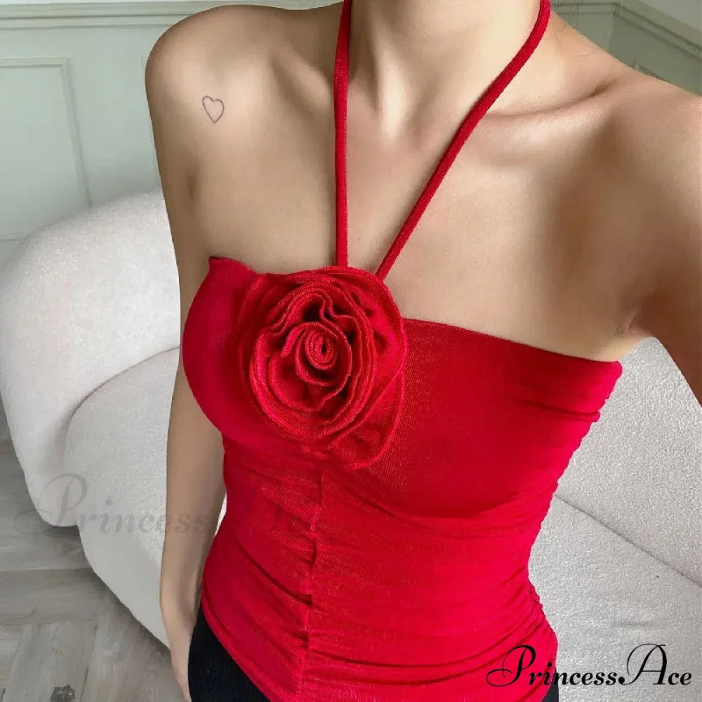 3D Flower Halter Crop Top Red / S croptop-250223