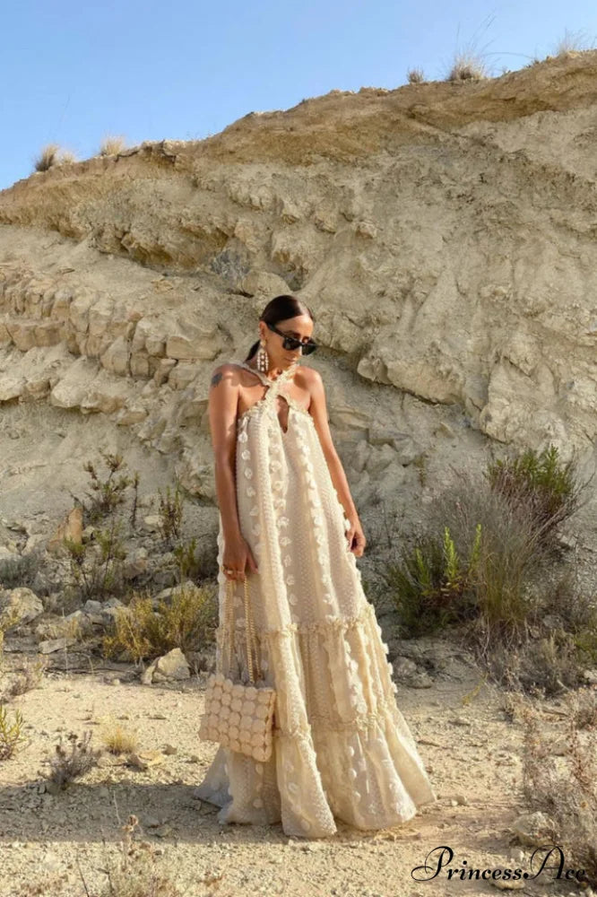 3D Flower Patchwork Charming Halter Maxi Dress