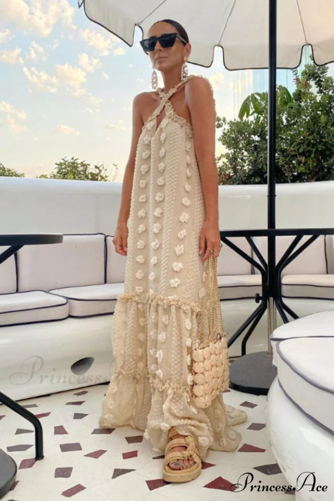 3D Flower Patchwork Charming Halter Maxi Dress S / Beige