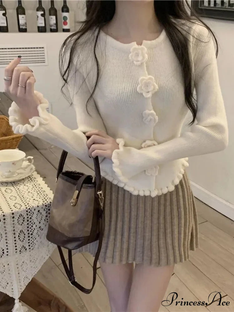 3D Flower Solid Long Sleeve Cardigan Apricot / S