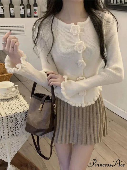 3D Flower Solid Long Sleeve Cardigan Apricot / S