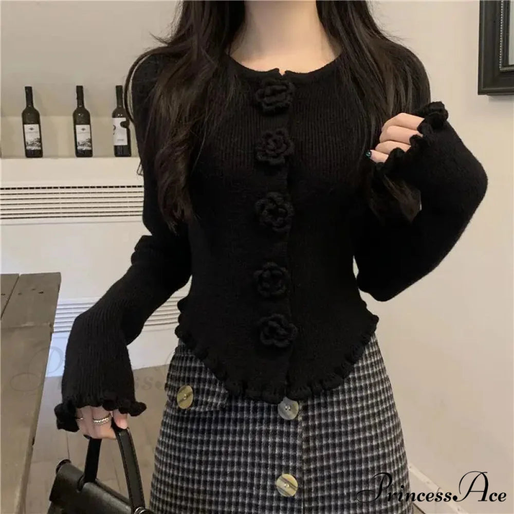 3D Flower Solid Long Sleeve Cardigan Black / S