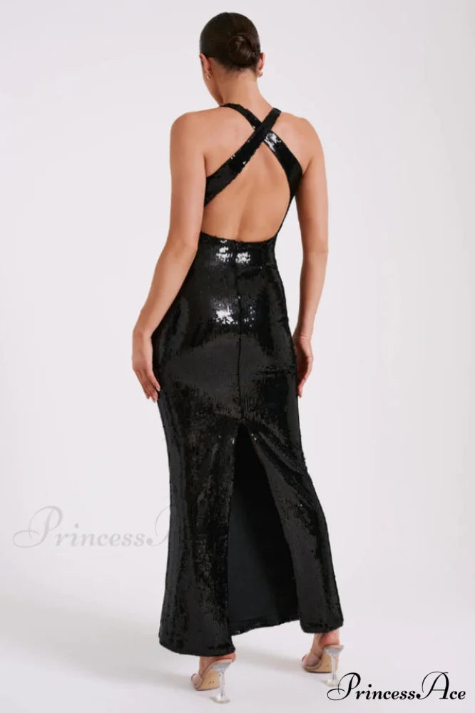 3D Flower Stylish Black Sequin Gown