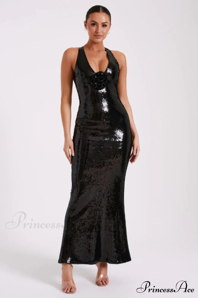 3D Flower Stylish Black Sequin Gown XS / Black