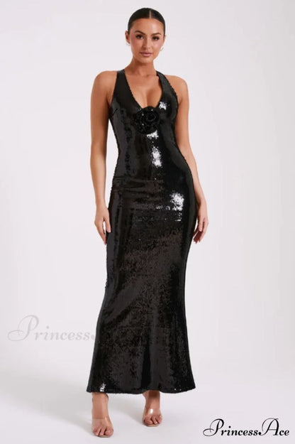 3D Flower Stylish Black Sequin Gown XS / Black