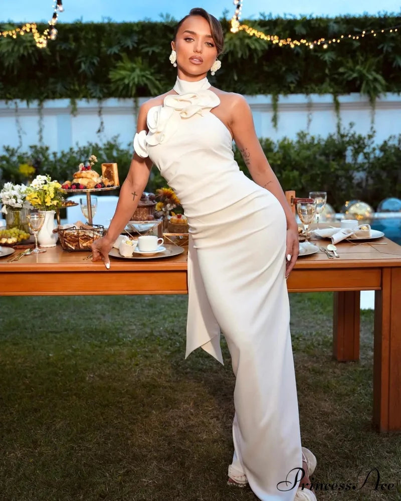 3D Flowers Lace Up Halter Party Dress WHITE / S