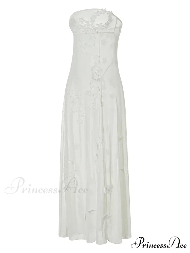 3D Flowers Patchwork Tube for Women Strapless Off Shoulder Mesh Sheer See Through Summer Vestidos