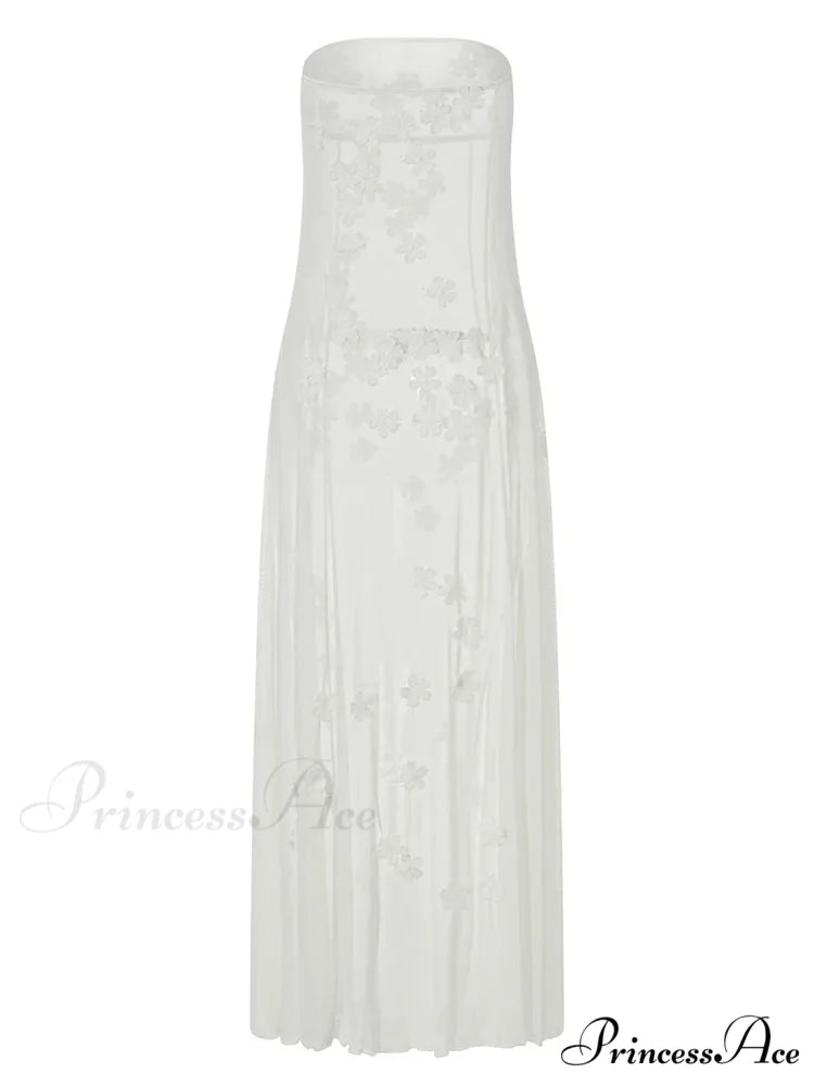 3D Flowers Patchwork Tube for Women Strapless Off Shoulder Mesh Sheer See Through Summer Vestidos