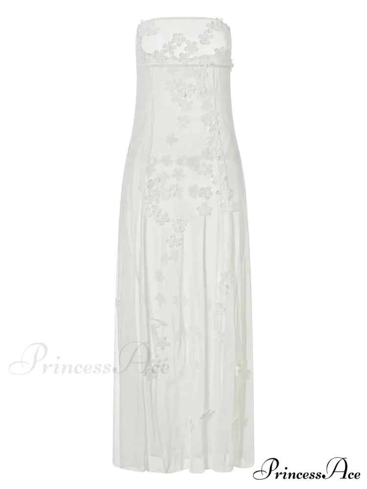 3D Flowers Patchwork Tube for Women Strapless Off Shoulder Mesh Sheer See Through Summer Vestidos