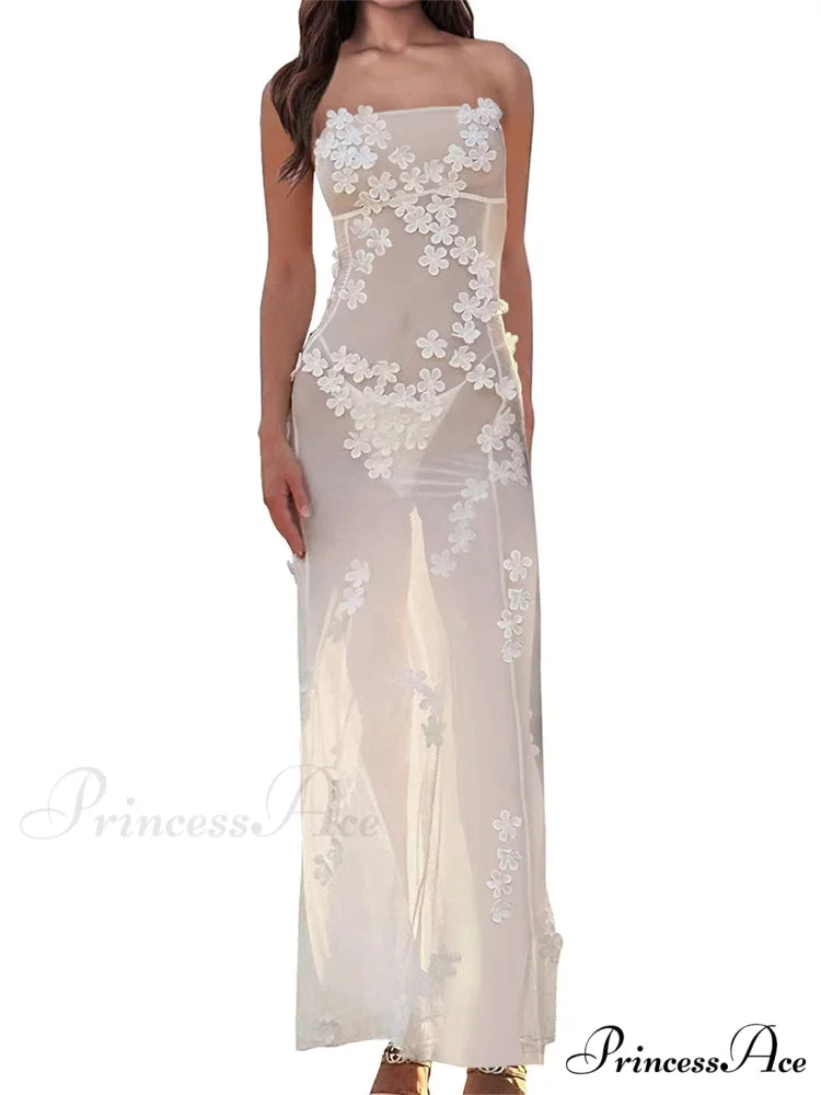 3D Flowers Patchwork Tube for Women Strapless Off Shoulder Mesh Sheer See Through Summer Vestidos WHITE / S