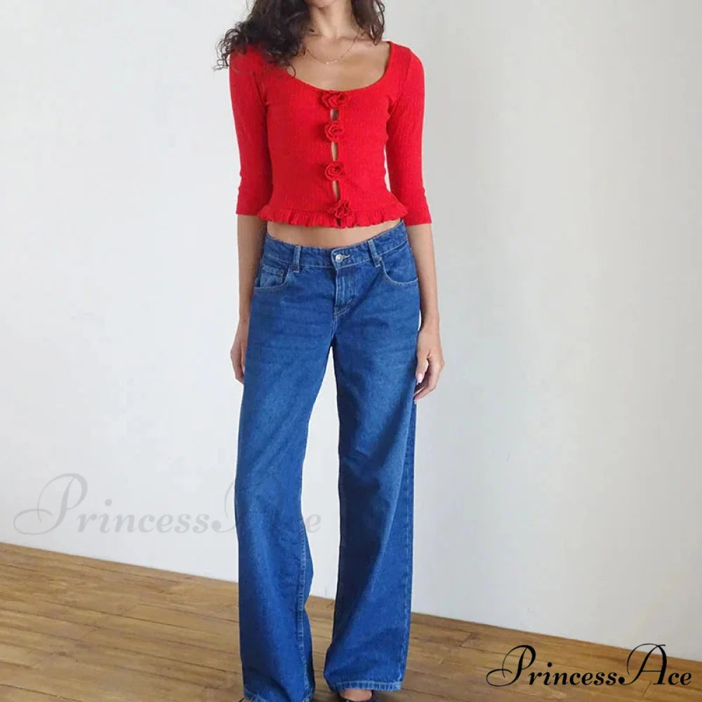 3D Rosette Front Hollow Out Retro Half Sleeve Sophisticated Woman Slim Fit Y2K Crop Top croptop-250126