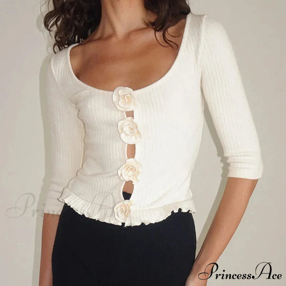 3D Rosette Front Hollow Out Retro Half Sleeve Sophisticated Woman Slim Fit Y2K Crop Top croptop-250126