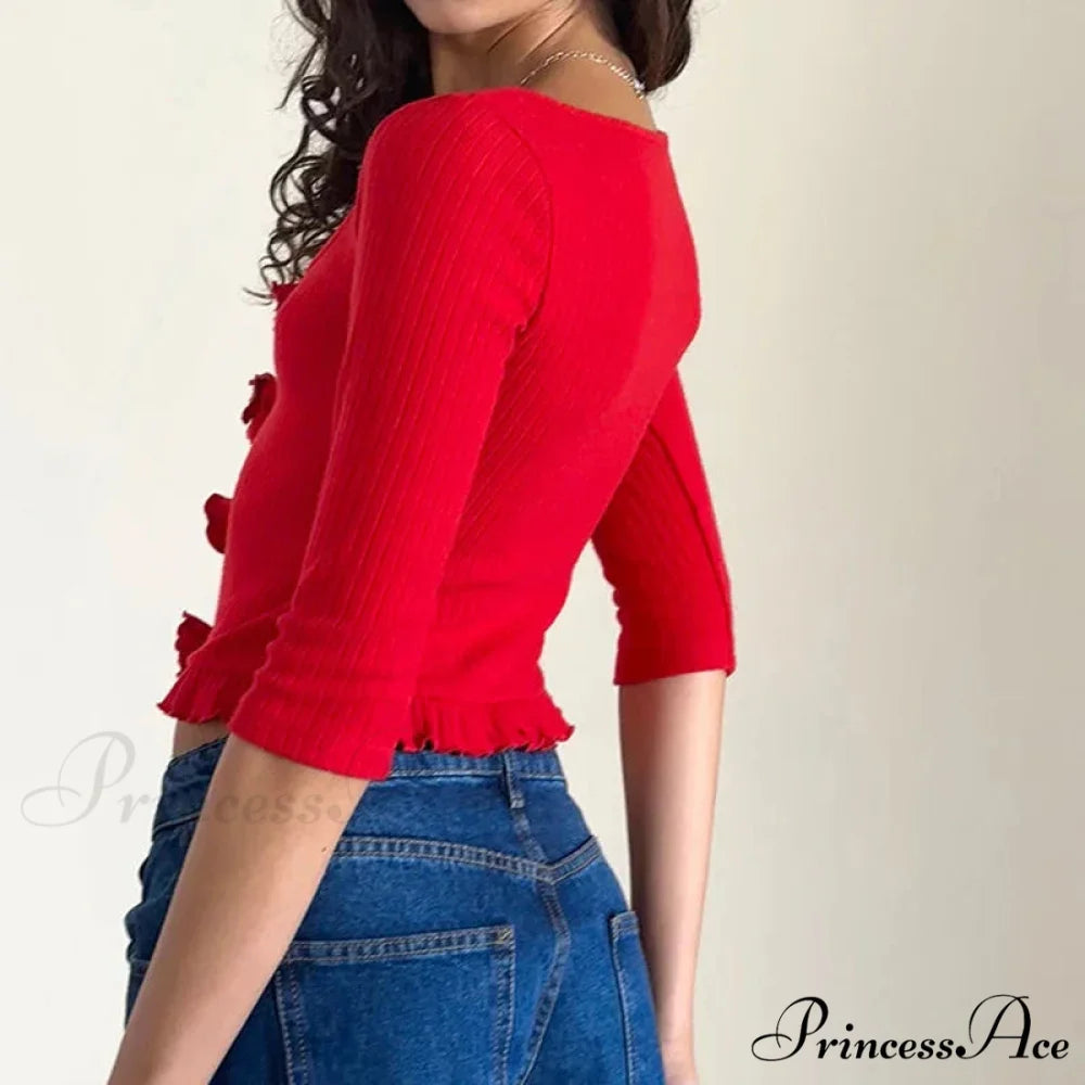 3D Rosette Front Hollow Out Retro Half Sleeve Sophisticated Woman Slim Fit Y2K Crop Top croptop-250126