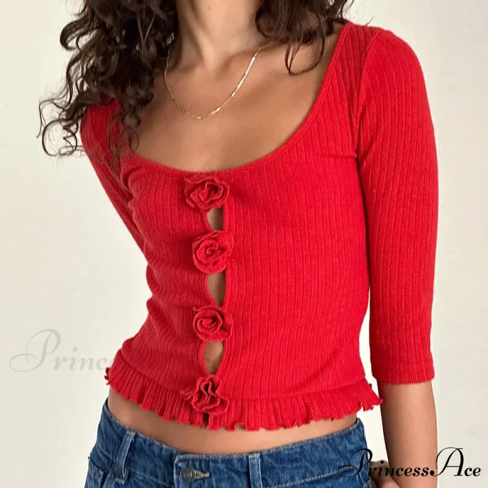 3D Rosette Front Hollow Out Retro Half Sleeve Sophisticated Woman Slim Fit Y2K Crop Top croptop-250126