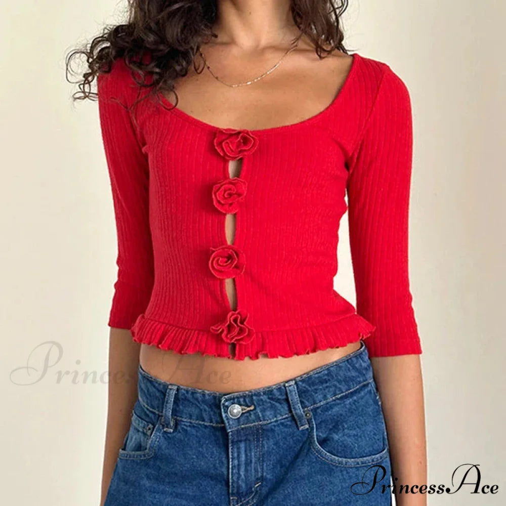 3D Rosette Front Hollow Out Retro Half Sleeve Sophisticated Woman Slim Fit Y2K Crop Top Red / S croptop-250126