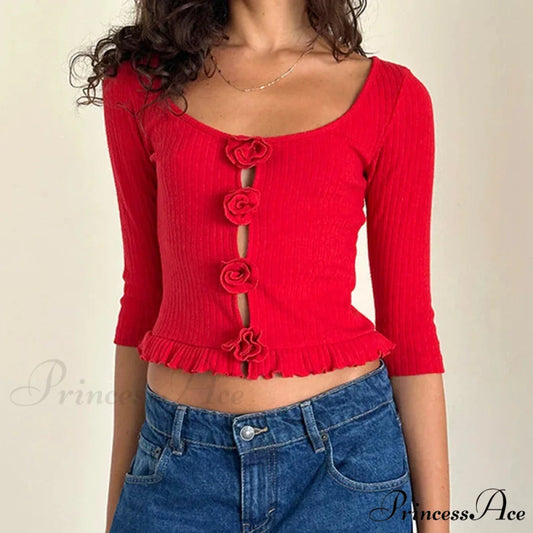 3D Rosette Front Hollow Out Retro Half Sleeve Sophisticated Woman Slim Fit Y2K Crop Top Red / S croptop-250126