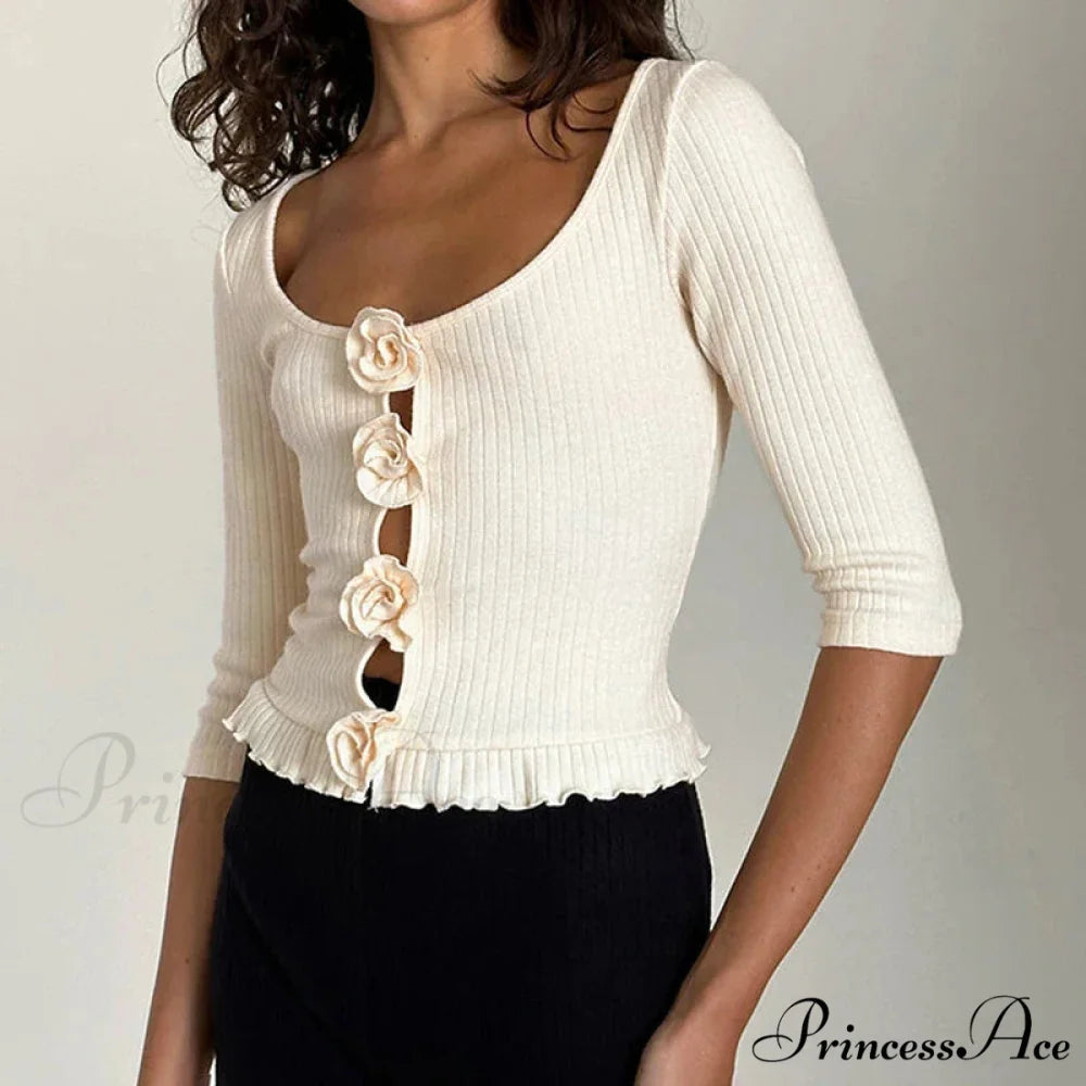 3D Rosette Front Hollow Out Retro Half Sleeve Sophisticated Woman Slim Fit Y2K Crop Top WHITE / S croptop-250126