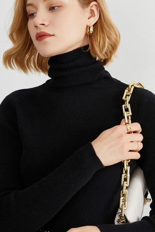 Ribbed Turtleneck Long-Sleeve Slim Stretch Knit Top Black / S