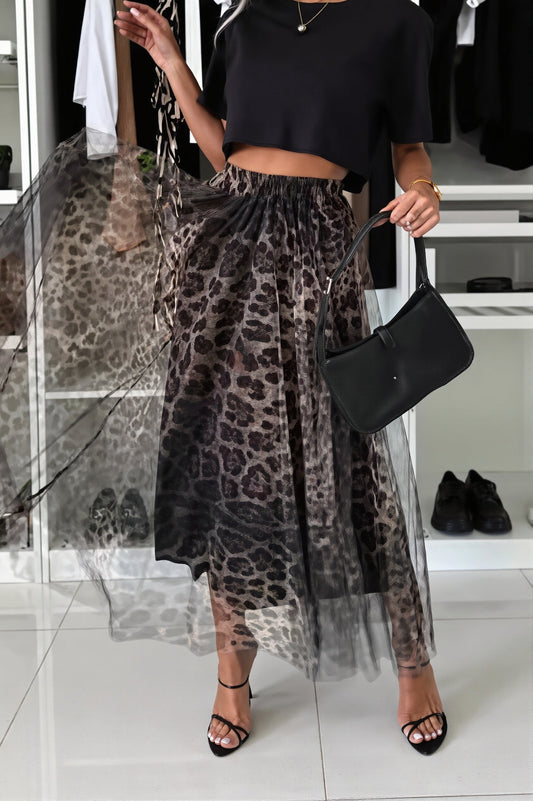 Leopard Tulle A-Line Maxi Skirt