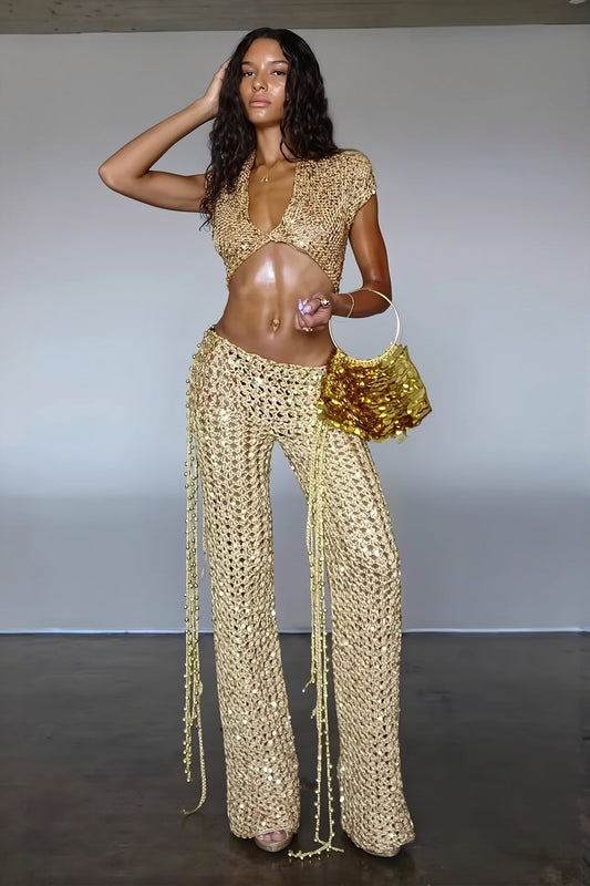 Gold Sequin Crochet Two Piece Set