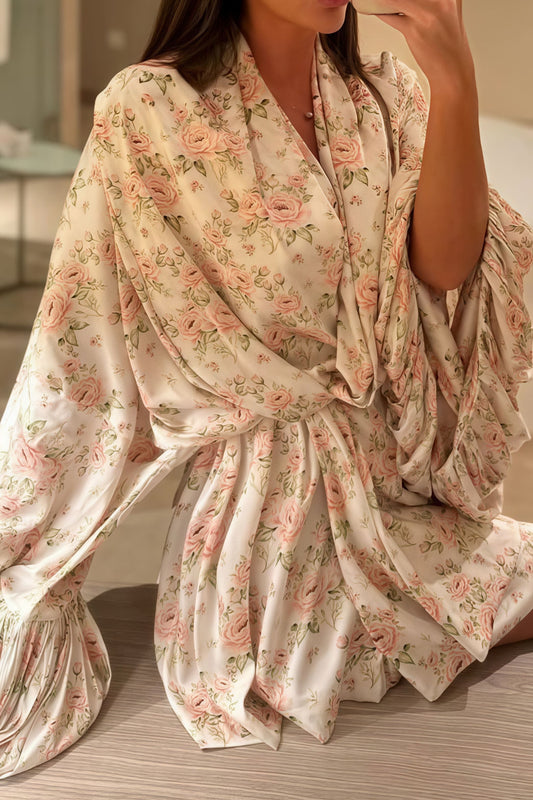 Satin Floral Print Puff Tie A Line Mini Dress