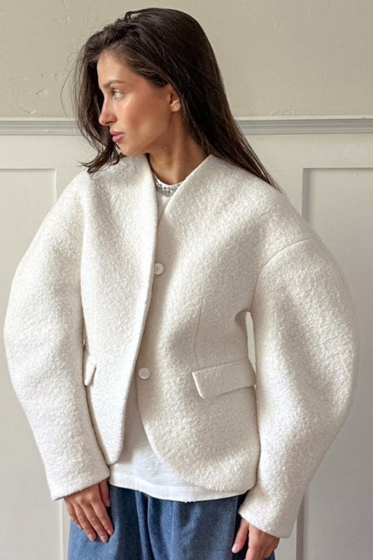 Wool Solid V-Neck Thickened Pocket Coat