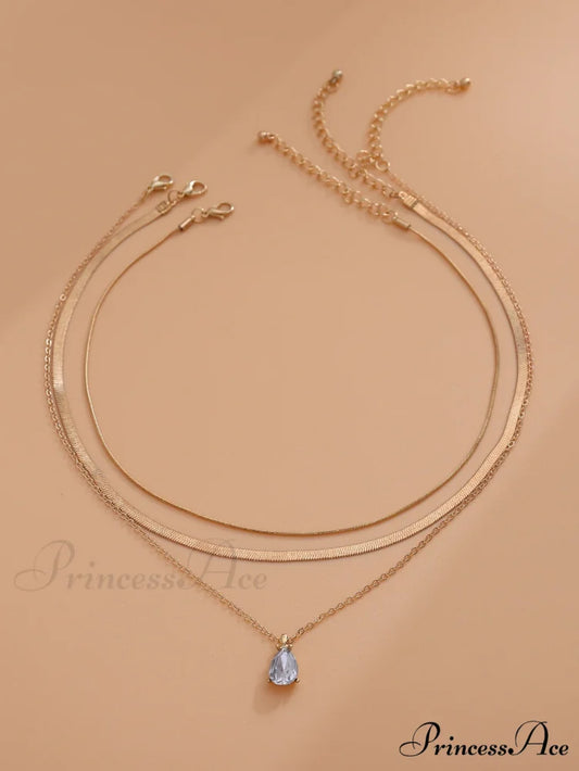 3pcs Rhinestone Water-drop Charm Necklace