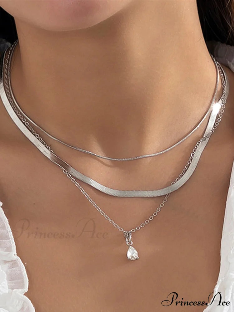 3pcs Rhinestone Water-drop Charm Necklace