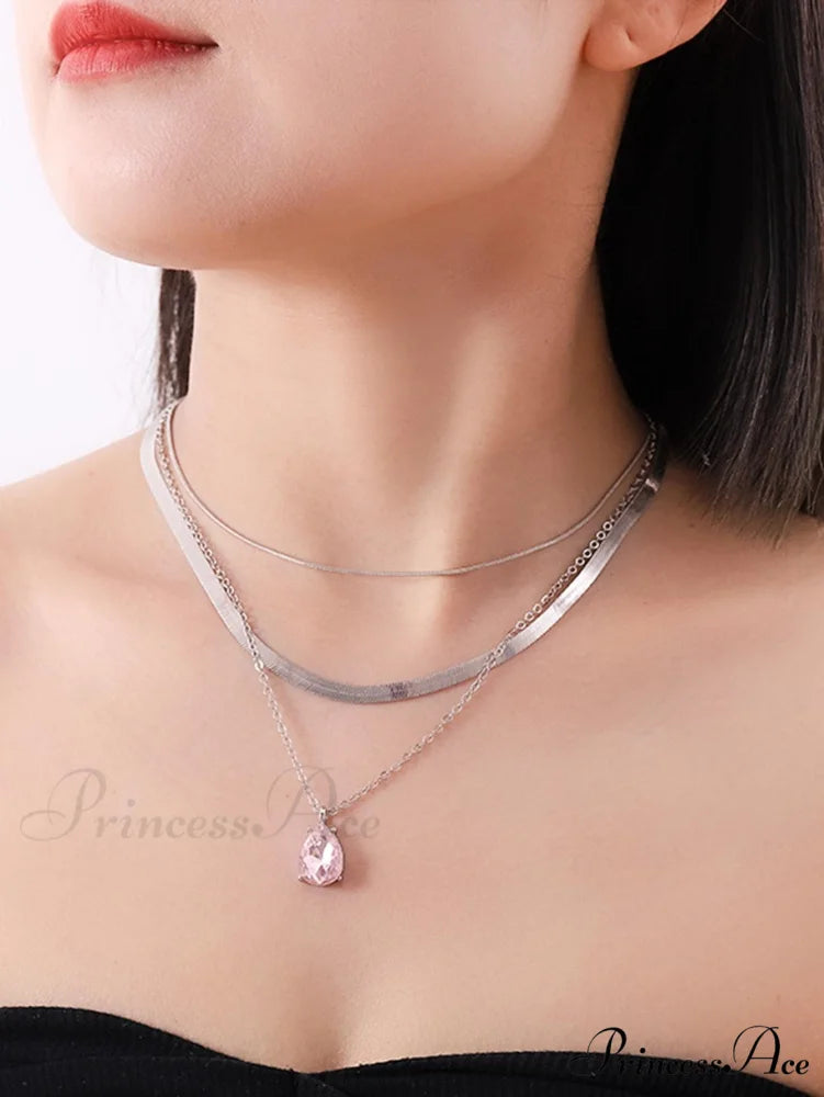 3pcs Rhinestone Water-drop Charm Necklace