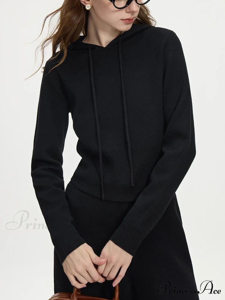 4.1% Wool Brief Hooded Stylish Knitwear Sweater Black Top / XS swraters-241228