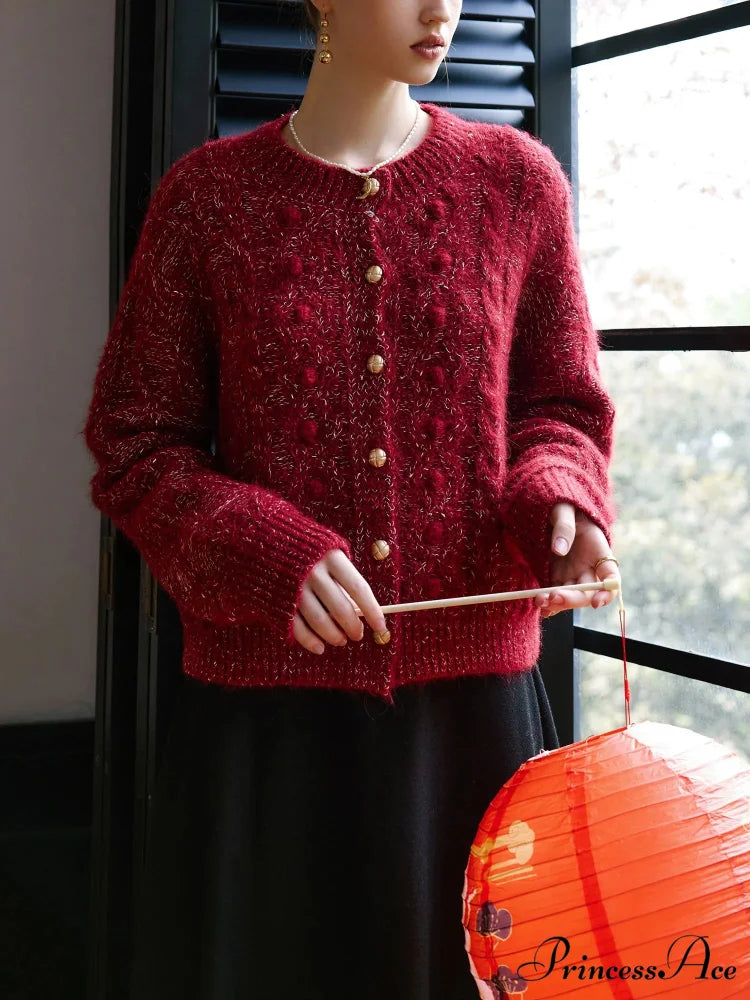 4.8% Sheep Wool Red Elegant Cable Cardigan