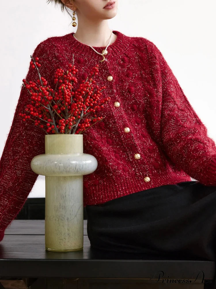 4.8% Sheep Wool Red Elegant Cable Cardigan Maroon / XS