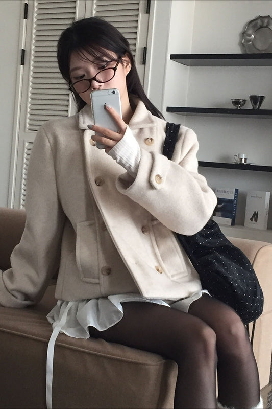 Vintage Preppy Fleece-Lined Wool Blend Short Coat