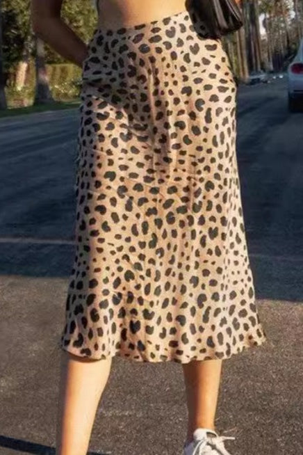 Satin Leopard Mermaid Midi Skirt
