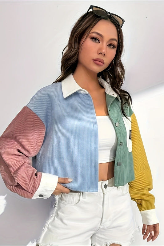 Color-Block Corduroy Cropped Jacket