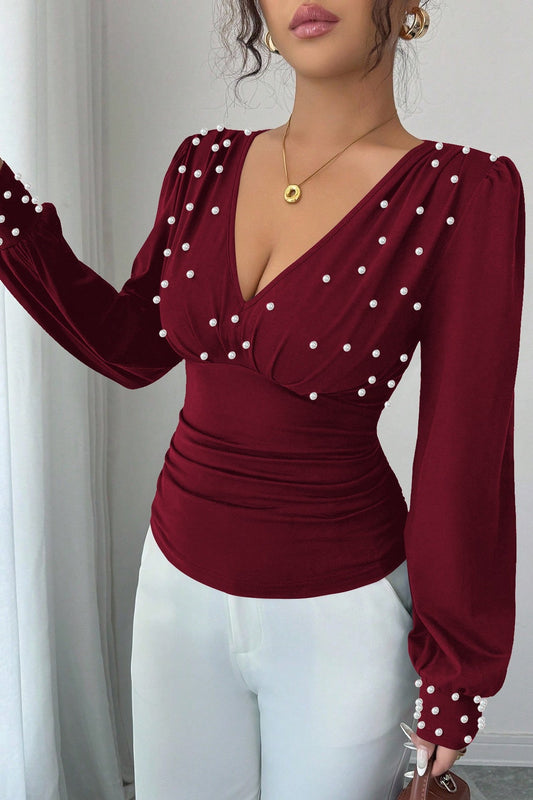Pearl Accent Solid V-Neck Ruched Waist Sexy Long Sleeve Tee
