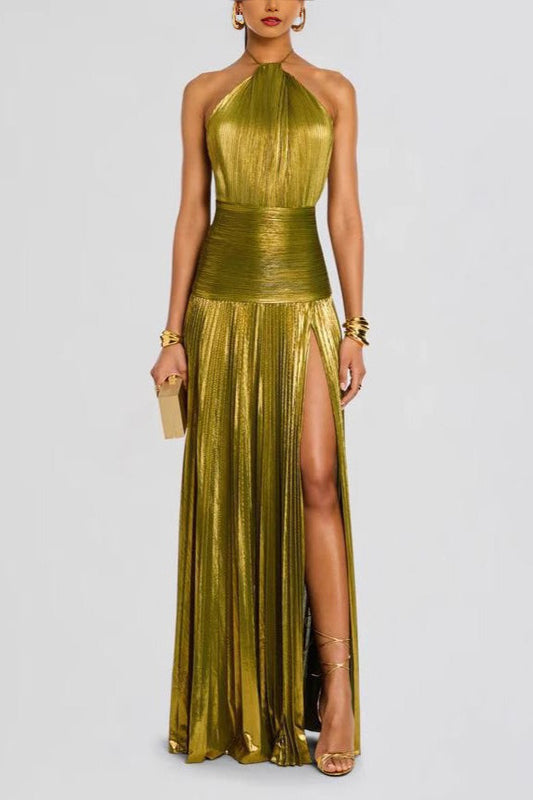 Metallic Pleated Halter Backless Tie Slit Maxi Dress