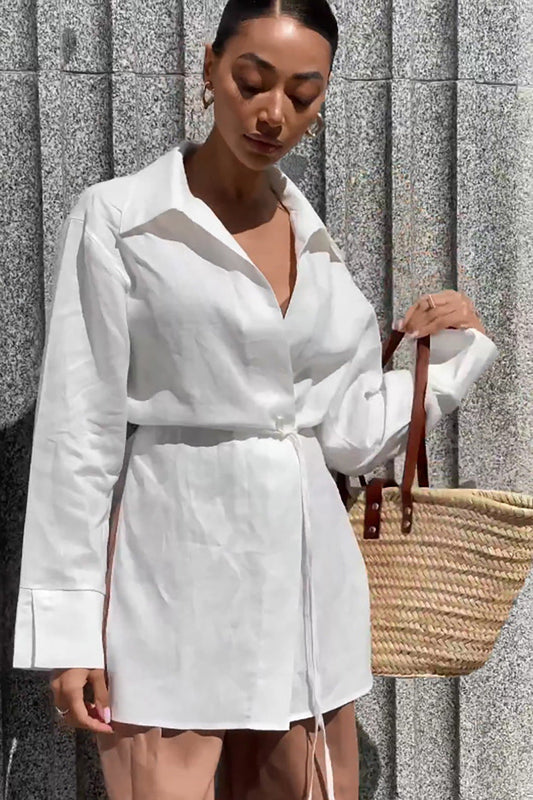 White Long Sleeve Tie Front Linen Blouse