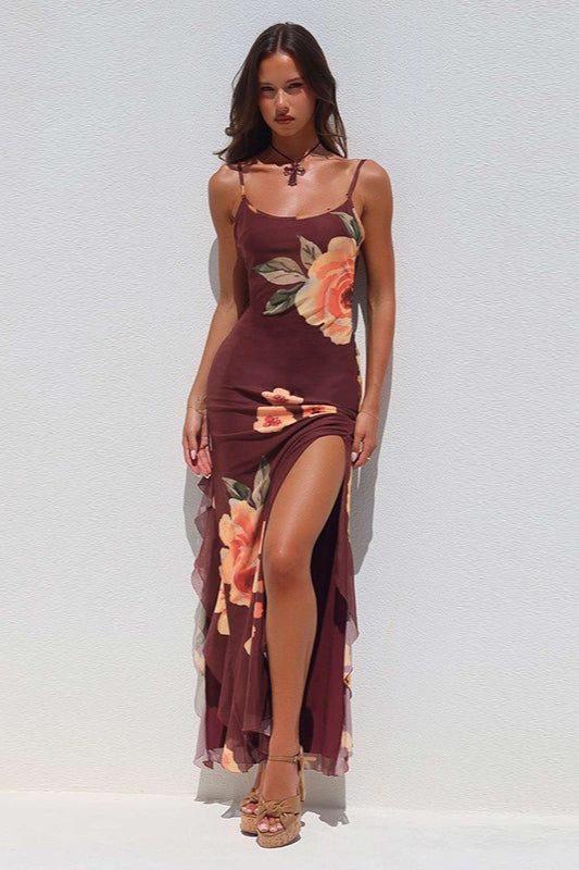 Sexy Floral Mesh Split Backless Maxi Dress