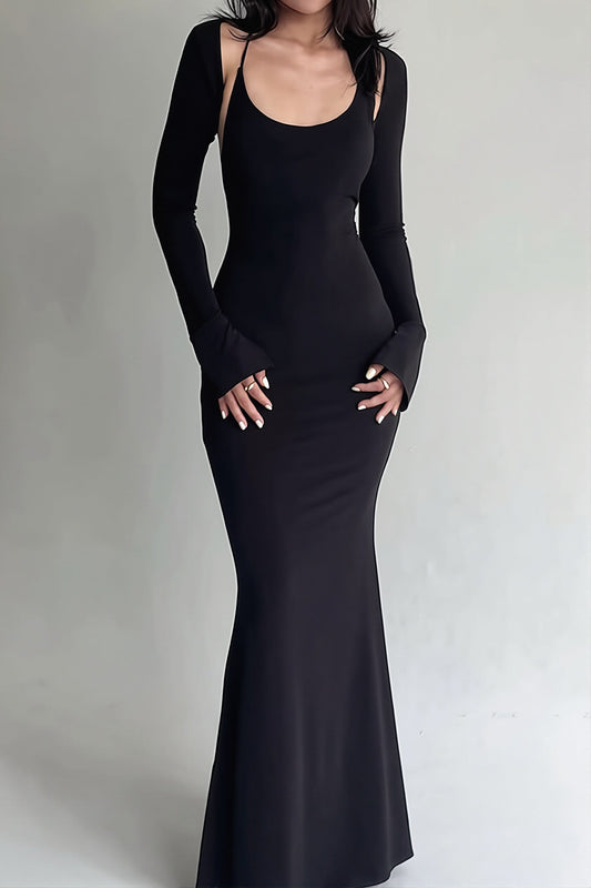 Open Back Overlay Sleeve Bodycon Maxi Dress