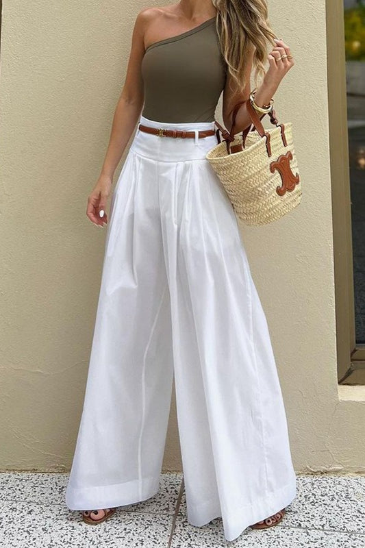 Solid Ruched High-Waisted Wide-Leg Pants
