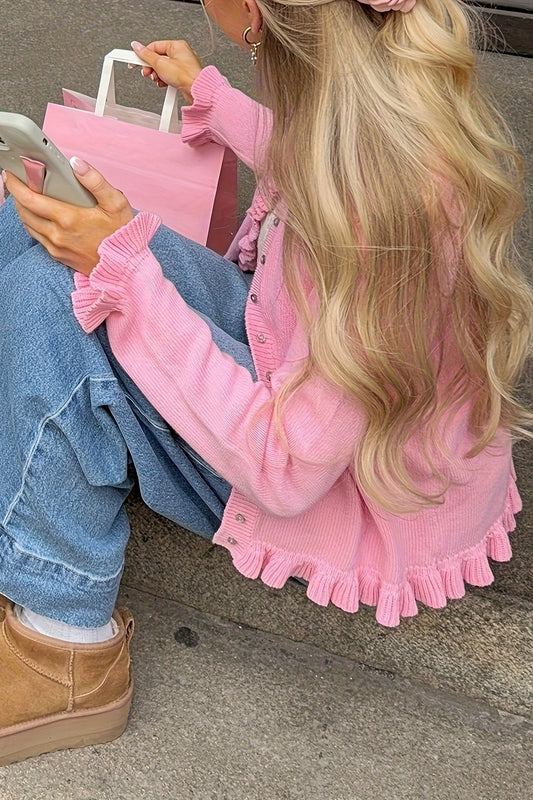 Solid Relaxed Lace Trim Long Sleeve Knit Cardigan