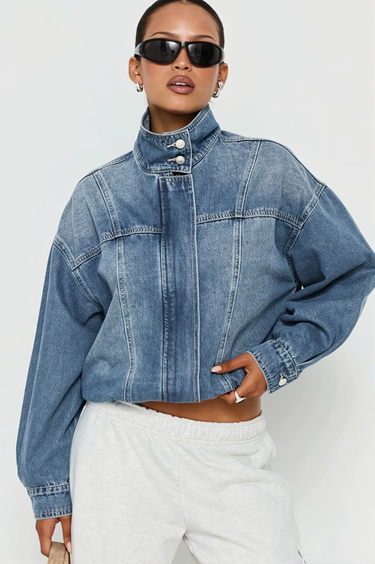 Cropped High Neck Denim Jacket