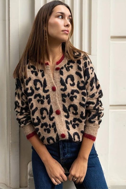 Leopard Print Crewneck Cardigan Sweater