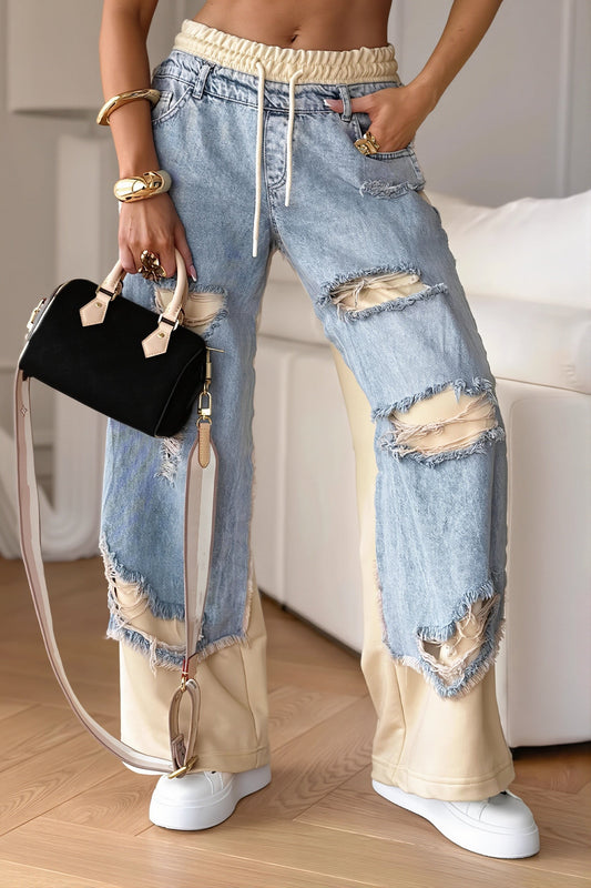 Tie Spliced Ripped Casual Straight Jeans