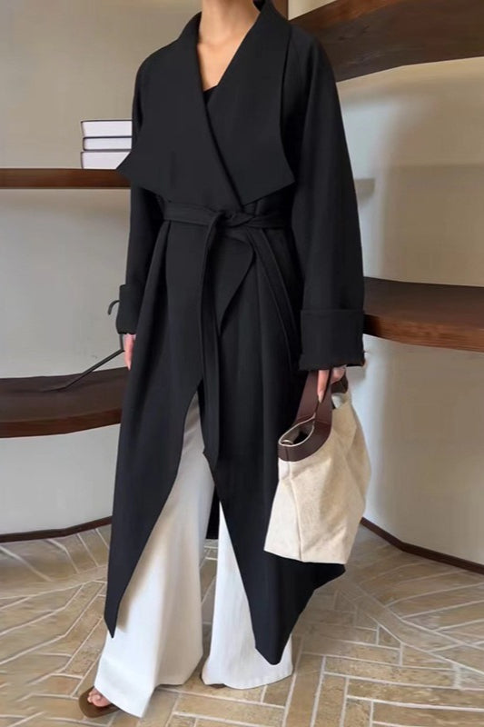 Lazy-Chic Belted Waist-Tie Long Overcoat